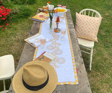 Load image into Gallery viewer, Carrageen Dream Table Runner in yellow and beige on white on 100% Irish Linen. 140cm x 40cm. Designbybell.ie

