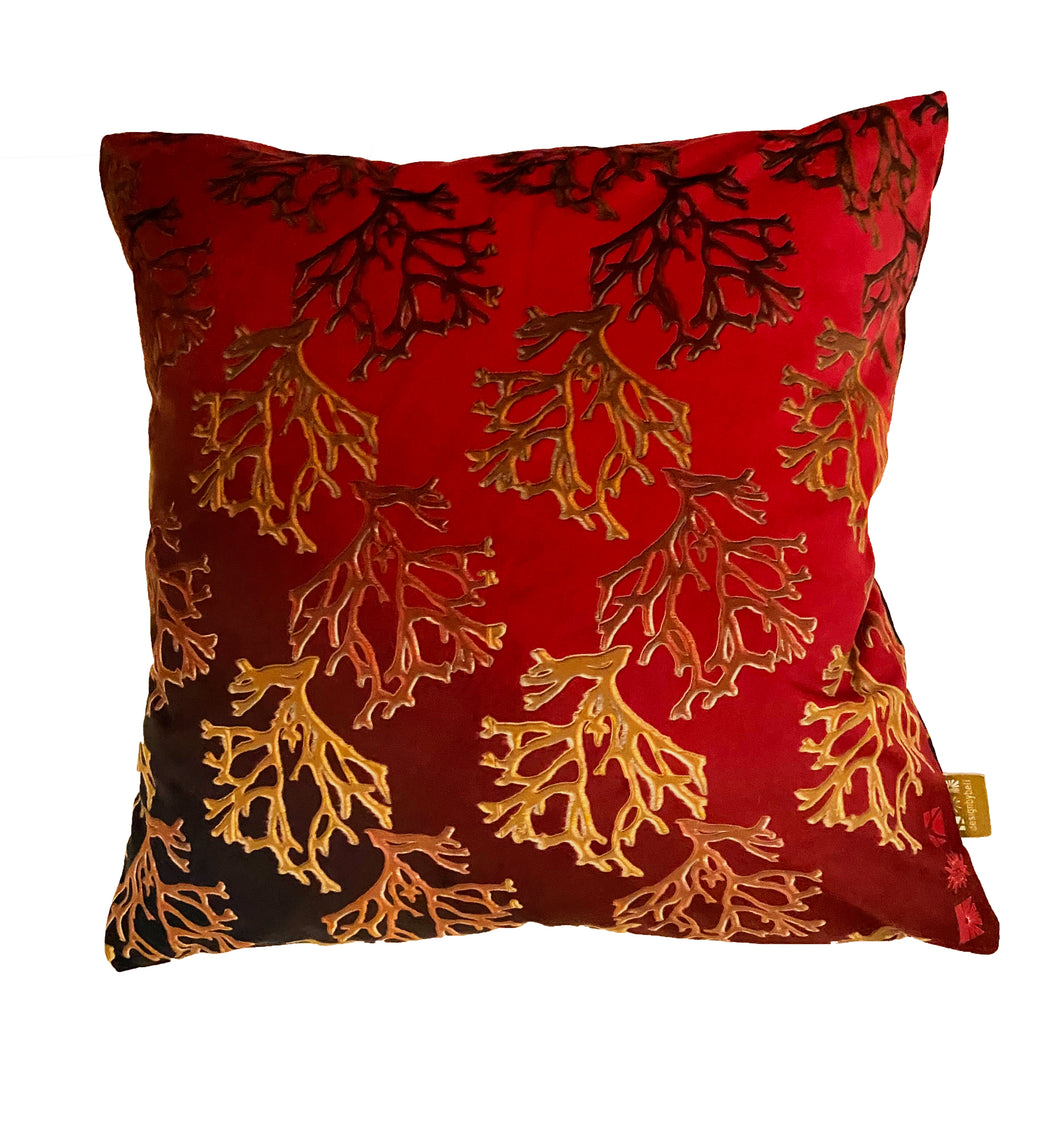 Luxe Cushion Carrageen Dream seaweed motif on Shimmer Velvet  designed by Karen Bell designbybell and printed and made in IReland sustainably on ecofriendly pigment inks 