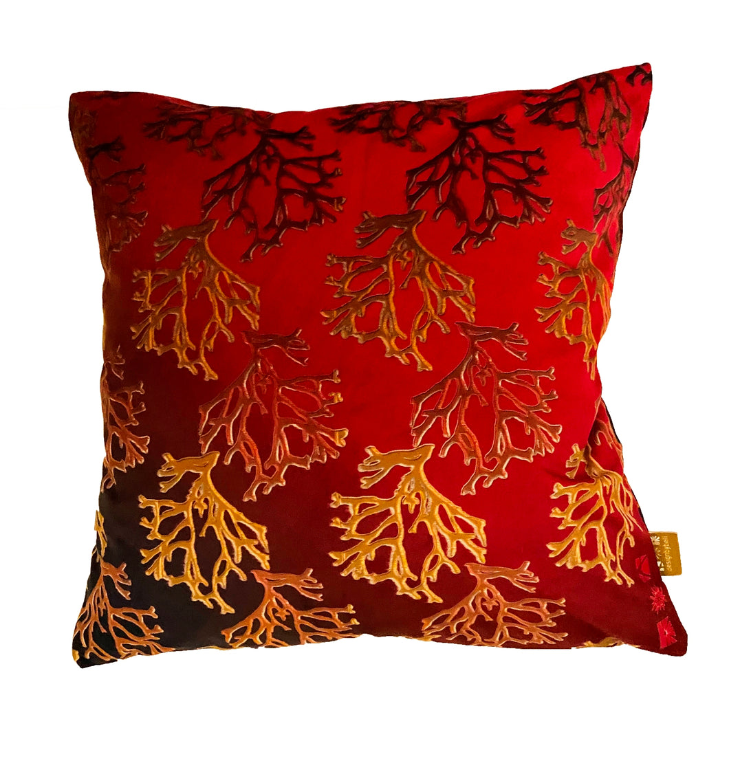 Carrageen Dream Cushion in Scarlet Ombre by Karen Bell Designbebell