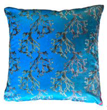 Load image into Gallery viewer, Luxe Cushion Carrigeen Dream seaweed motif on Shimmer Velvet in Sky Blue  designed by Karen Bell designbybell and printed and made in IReland sustainably on ecofriendly pigment inks
