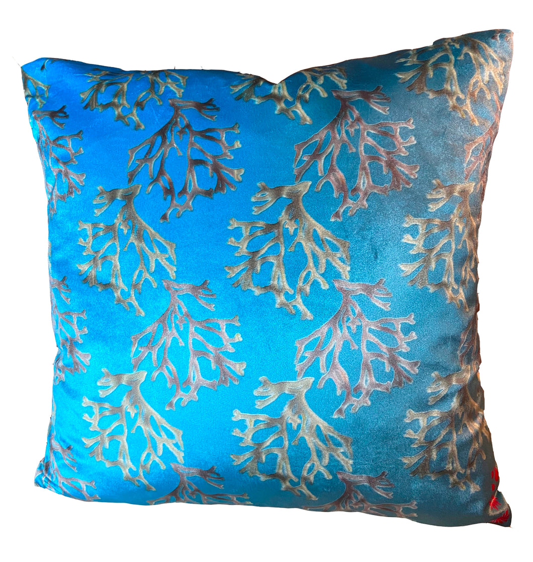 Luxe Cushion Carrigeen Dream seaweed motif on Shimmer Velvet in Sky Blue  designed by Karen Bell designbybell and printed and made in IReland sustainably on ecofriendly pigment inks
