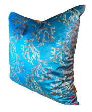 Load image into Gallery viewer, Luxe Cushion Carrigeen Dream seaweed motif on Shimmer Velvet in Sky Blue  designed by Karen Bell designbybell and printed and made in IReland sustainably on ecofriendly pigment inks
