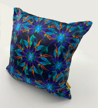 Load image into Gallery viewer, Luxe Cushion Kaleidoscope Eye on Shimmer Velvet in Purple/Blue Black  designed by Karen Bell designbybell and printed and made in Ireland sustainably on ecofriendly pigment inks

