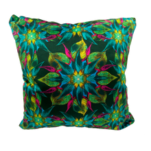 Load image into Gallery viewer, Kaleidoscope Eye Cushion in Shades of green Yellow and Fuschia on Shimmer Velvet By Karen Bell of Designbybell
