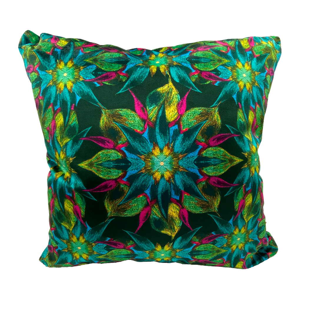 Kaleidoscope Eye Cushion in Shades of green Yellow and Fuschia on Shimmer Velvet By Karen Bell of Designbybell