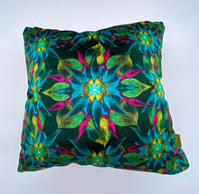 Load image into Gallery viewer, Luxe Cushion Kaleidoscope Eye on Shimmer Velvet in Green and Pink  designed by Karen Bell designbybell and printed and made in Ireland sustainably on ecofriendly pigment inks
