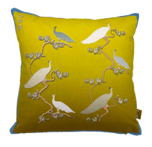 Load image into Gallery viewer, Peacocks Muster in Shades of White &amp; Mustard Ombré on Linen Cotton
