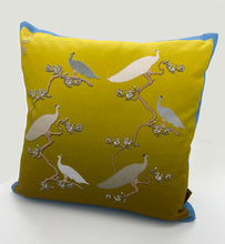 Load image into Gallery viewer, Luxe Cushion Peacocks Muster in Shades of White and Mustard Ombré on Linen/Cotton designed by Karen Bell designbybell and printed and handmade in Ireland sustainably on ecofriendly pigment inks
