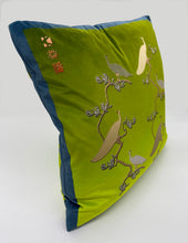 Load image into Gallery viewer, Luxe Cushion Peacocks Muster in Peagreen Ombré on Velvet designed by Karen Bell designbybell and printed and handmade in Ireland sustainably on ecofriendly pigment inks

