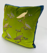 Load image into Gallery viewer, Luxe Cushion Peacocks Muster in Peagreen Ombré on Velvet designed by Karen Bell designbybell and printed and handmade in Ireland sustainably on ecofriendly pigment inks
