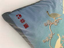 Load image into Gallery viewer, Luxe Cushion Peacocks Muster in Blue on Velvet designed by Karen Bell designbybell and printed and made in Ireland sustainably on ecofriendly pigment inks
