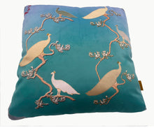 Load image into Gallery viewer, Luxe Cushion Peacocks Muster in Blue on Velvet designed by Karen Bell designbybell and printed and made in Ireland sustainably on ecofriendly pigment inks
