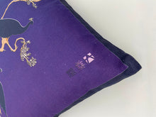 Load image into Gallery viewer, Luxe Cushion Peacocks Muster in Deep Purple  on Linen/Cotton designed by Karen Bell designbybell and printed and handmade in Ireland sustainably on ecofriendly pigment inks
