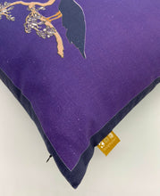 Load image into Gallery viewer, Luxe Cushion Peacocks Muster in Deep Purple  on Linen/Cotton designed by Karen Bell designbybell and printed and handmade in Ireland sustainably on ecofriendly pigment inks
