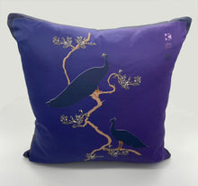 Load image into Gallery viewer, Luxe Cushion Peacocks Muster in Deep Purple  on Matt Satin designed by Karen Bell designbybell and printed and handmade in Ireland sustainably on ecofriendly pigment inks
