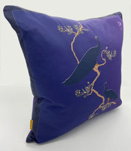 Load image into Gallery viewer, Luxe Cushion Peacocks Muster in Deep Purple  on Matt Satin designed by Karen Bell designbybell and printed and handmade in Ireland sustainably on ecofriendly pigment inks
