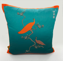 Load image into Gallery viewer, Luxe Cushion Peacocks Preen in Turquoise Ombré on Matt Satin designed by Karen Bell designbybell and printed and handmade in Ireland sustainably on ecofriendly pigment inks
