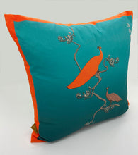 Load image into Gallery viewer, Luxe Cushion Peacocks Preen in Turquoise Ombré on Matt Satin designed by Karen Bell designbybell and printed and handmade in Ireland sustainably on ecofriendly pigment inks
