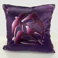 Load image into Gallery viewer, Luxe Cushion Art Deco Swallows Wheel in Aubergine &amp; Purple on Shimmer Velvet  designed by Karen Bell designbybell and printed and handmade in Ireland sustainably on ecofriendly pigment inks
