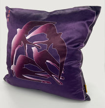 Load image into Gallery viewer, Luxe Cushion Art Deco Swallows Wheel in Aubergine &amp; Purple on Shimmer Velvet  designed by Karen Bell designbybell and printed and handmade in Ireland sustainably on ecofriendly pigment inks
