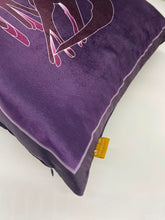 Load image into Gallery viewer, Luxe Cushion Art Deco Swallows Wheel in Aubergine &amp; Purple on Shimmer Velvet  designed by Karen Bell designbybell and printed and handmade in Ireland sustainably on ecofriendly pigment inks
