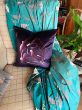 Load image into Gallery viewer, Luxe Cushion Art Deco Swallows Wheel in Aubergine &amp; Purple on Shimmer Velvet  designed by Karen Bell designbybell and printed and handmade in Ireland sustainably on ecofriendly pigment inks
