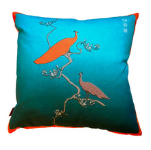 Load image into Gallery viewer, Luxe Cushion Peacocks Preen in Turquoise Ombré on Linen/Cotton Mix designed by Karen Bell designbybell and printed and handmade in Ireland sustainably on ecofriendly pigment inks
