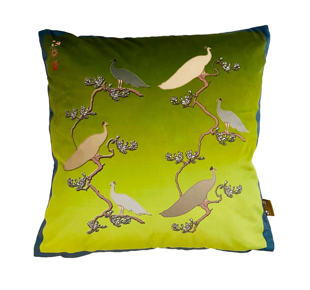 Luxe Cushion Peacocks Muster in Peagreen Ombré on Velvet designed by Karen Bell designbybell and printed and handmade in Ireland sustainably on ecofriendly pigment inks