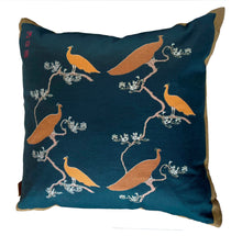 Load image into Gallery viewer, Luxe Cushion Peacocks Muster in Navy &amp; Bronze on Linen/Cotton designed by Karen Bell designbybell and printed and made in Ireland sustainably on ecofriendly pigment ink
