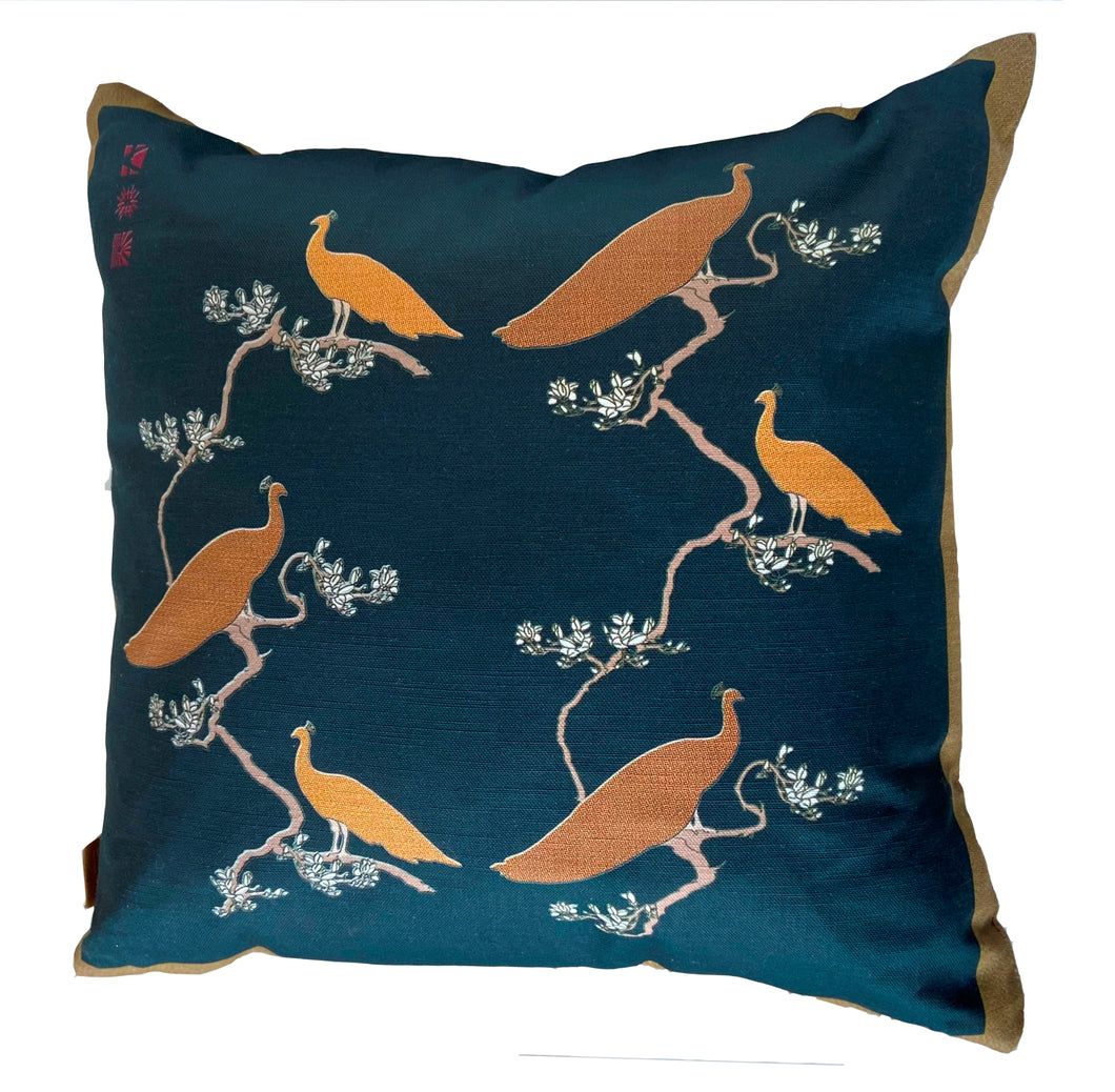 Luxe Cushion Peacocks Muster in Navy & Bronze on Linen/Cotton designed by Karen Bell designbybell and printed and made in Ireland sustainably on ecofriendly pigment ink
