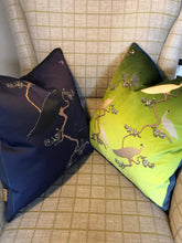 Load image into Gallery viewer, Luxe Cushions Peacocks Preen on Purple Matt Satin and Peacocks Muster in Peagreen Ombré on Velvet designed by Karen Bell designbybell and printed and handmade in Ireland sustainably on ecofriendly pigment inks
